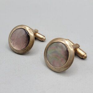 Vintage Pioneer Cufflinks Abalone Shell Inlay Gold Tone Round Design
